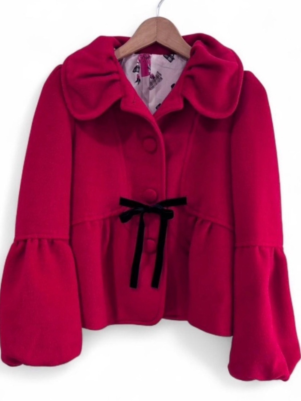 Vintage Red Peplum‎ Coat Jacket Velvet Bow Detail Romantic Statement Size S